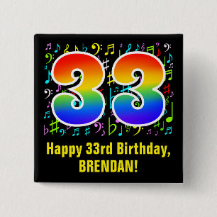 Bóton Quadrado 5.08cm 33º Aniversário: Símbolos Musicais Coloridos, R