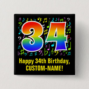 Bóton Quadrado 5.08cm 34.o Aniversário: Símbolos Musicais Coloridos, R