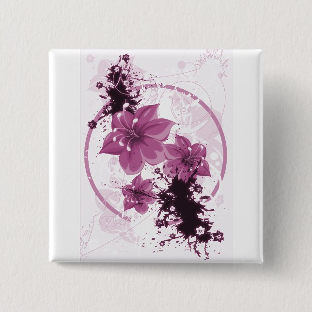 Bóton Quadrado 5.08cm 3 flores bonito - rosa (Frente)