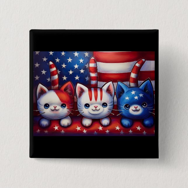Bóton Quadrado 5.08cm 3 Patriotic Kittens With American Flag (Frente)