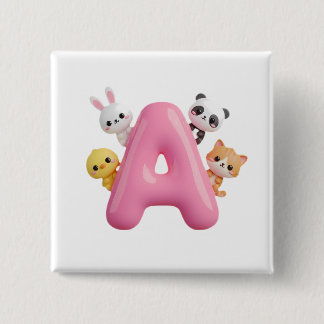 Bóton Quadrado 5.08cm 3D Pink Balloon Letter A Forest Animals Square But