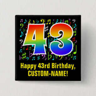 Bóton Quadrado 5.08cm 43º Aniversário: Símbolos Musicais Coloridos, R