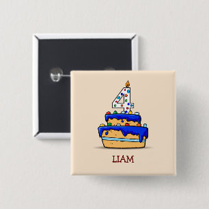 Bóton Quadrado 5.08cm 4 de aniversário, 4 de bolo azul doce