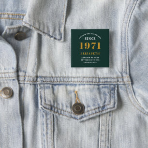 Bóton Quadrado 5.08cm 50º Aniversário de 1971 Verde Dourado Para Ela P