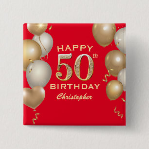 Bóton Quadrado 5.08cm 50º Balões Vermelho e Dourado Festa de aniversário