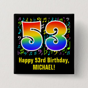 Bóton Quadrado 5.08cm 53º Aniversário: Símbolos Musicais Coloridos, R