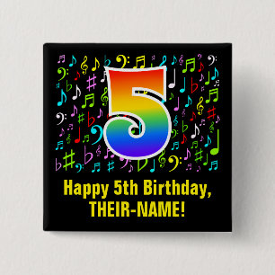 Bóton Quadrado 5.08cm 5 Aniversário: Símbolos Musicais Coloridos, Rain