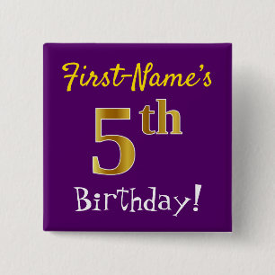 Bóton Quadrado 5.08cm 5 Roxo, Faux Dourado Aniversário, Com Nome Person