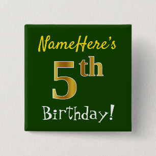 Bóton Quadrado 5.08cm 5 Verde, Faux Dourado, Aniversário, Com Nome Pers