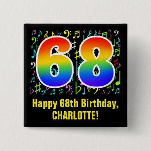 Bóton Quadrado 5.08cm 68.o aniversário: Símbolos Musicais Coloridos, R