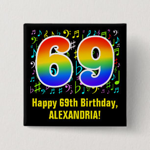 Bóton Quadrado 5.08cm 69.o aniversário: Símbolos Musicais Coloridos, R