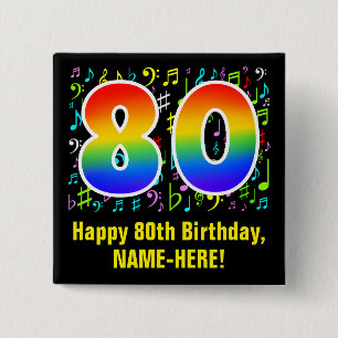 Bóton Quadrado 5.08cm 80 Aniversário: Símbolos Musicais Coloridos, Rai