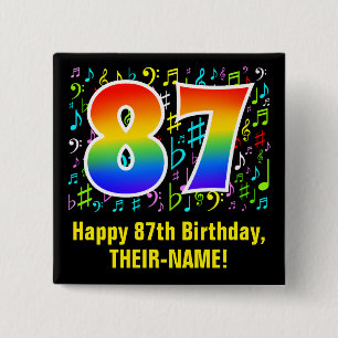 Bóton Quadrado 5.08cm 87.o aniversário: Símbolos Musicais Coloridos, R