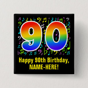 Bóton Quadrado 5.08cm 90 Aniversário: Símbolos Musicais Coloridos, Rai