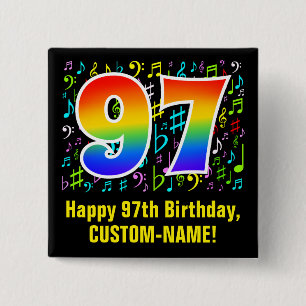 Bóton Quadrado 5.08cm 97.o aniversário: Símbolos Musicais Coloridos, R