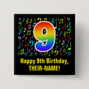 Bóton Quadrado 5.08cm 9.o aniversário: Símbolos Musicais Coloridos, Ra