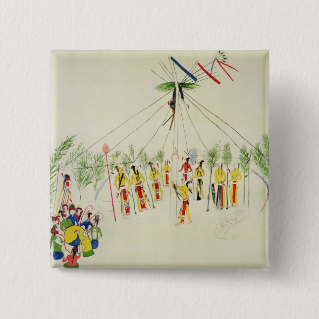 Bóton Quadrado 5.08cm A dança de Sun do Shoshone (pigmento na musselina) (Frente)