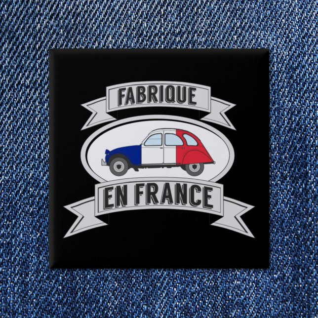 Bóton Quadrado 5.08cm Abzeichen Oldtimer 2cv fabrique en France (2CV Button in Black with a Red White Blue Deux Chevaux Illustration)