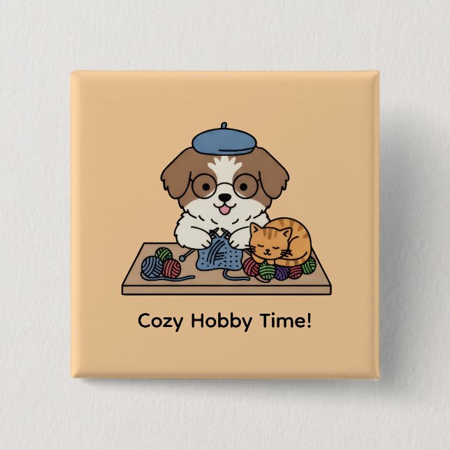 Bóton Quadrado 5.08cm Adorable Puppy Knitting with Friend Hobby Art Pin (Frente)