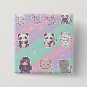 Bóton Quadrado 5.08cm Adoráveis Animais Kawaii Crachá Brilho Pastel
