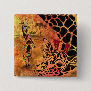 Bóton Quadrado 5.08cm African Girl and Giraffe - Amigos - Desenho de Art
