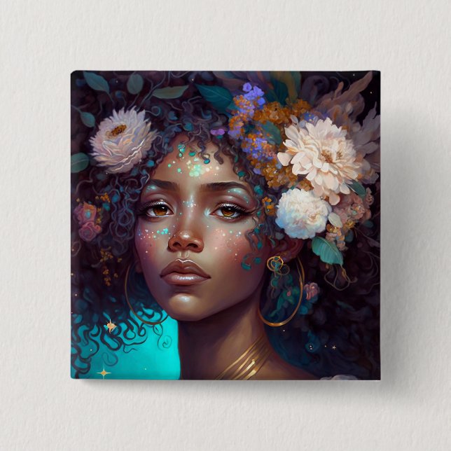 Bóton Quadrado 5.08cm Afro-Americano Deusa Negra Rainha Fantasia Art B (Frente)