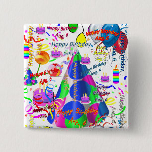 Bóton Quadrado 5.08cm Agosto, 6 Botão Praça de Aniversário