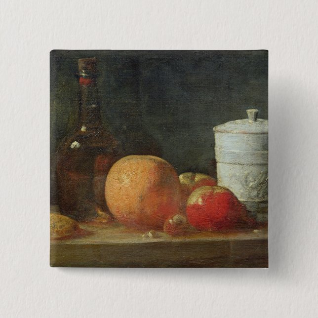 Bóton Quadrado 5.08cm Ainda vida com a garrafa da fruta e de vinho (Frente)