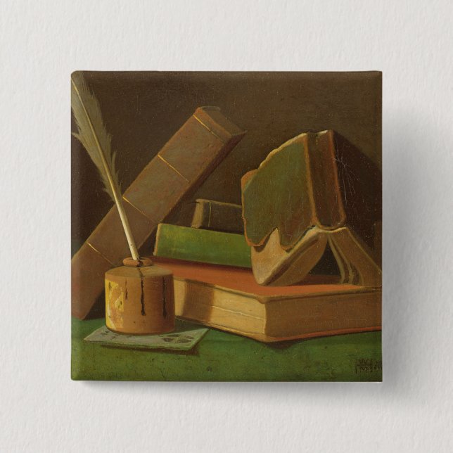Bóton Quadrado 5.08cm Ainda vida com livros e poço da tinta (Frente)