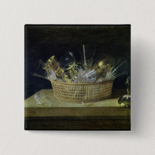 Bóton Quadrado 5.08cm Ainda vida com uma cesta dos vidros, 1644