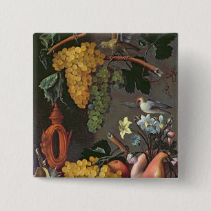 Bóton Quadrado 5.08cm Ainda vida com uvas, pássaros e flores