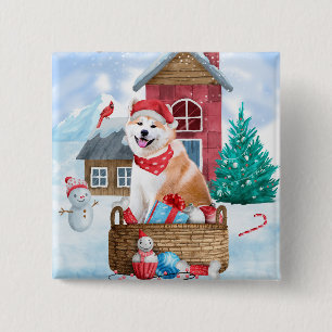 Bóton Quadrado 5.08cm Akita Dog Na Casa De Cachorro De Neve