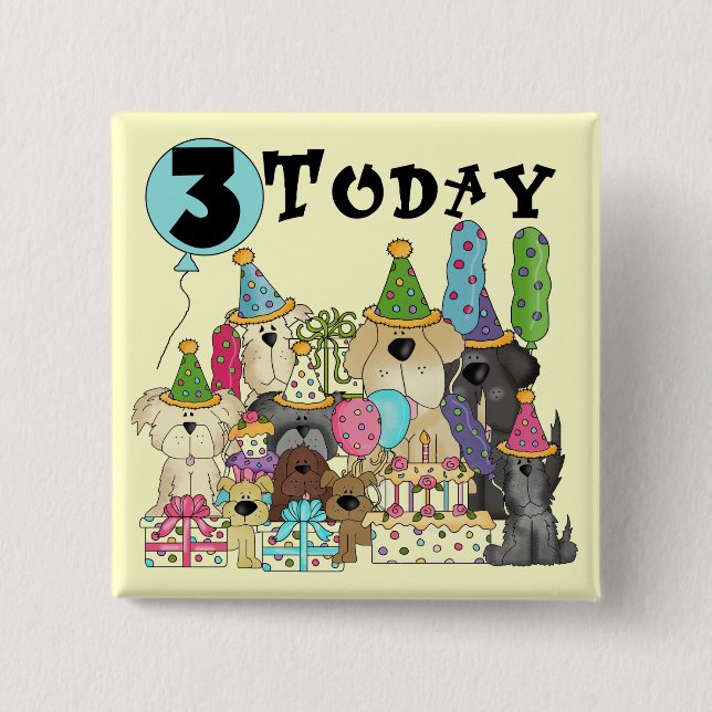 Bóton Quadrado 5.08cm Alfinetes aniversário de 3 anos Bash Camisetas e p (Frente)