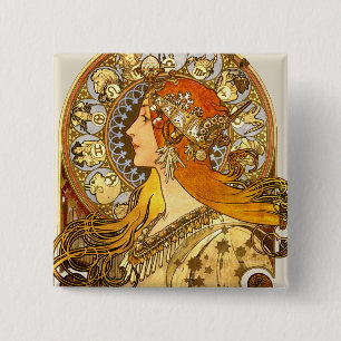 Bóton Quadrado 5.08cm Alfonse Mucha Zodiac Art Nouveau Mulher