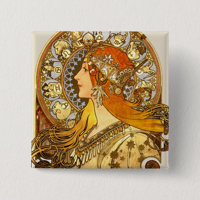 Bóton Quadrado 5.08cm Alfonse Mucha Zodiac Art Nouveau Mulher (Frente)