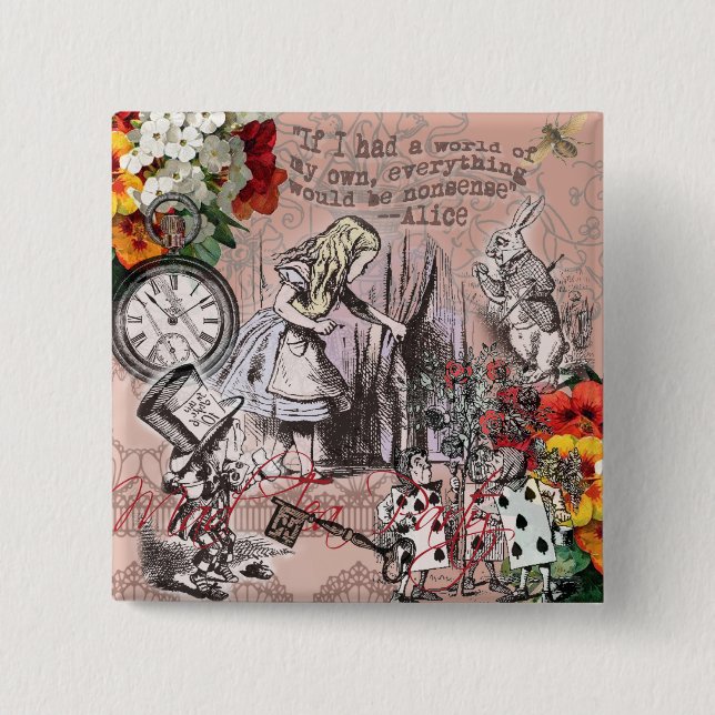 Bóton Quadrado 5.08cm alice nonsense wonderland curtain (Frente)