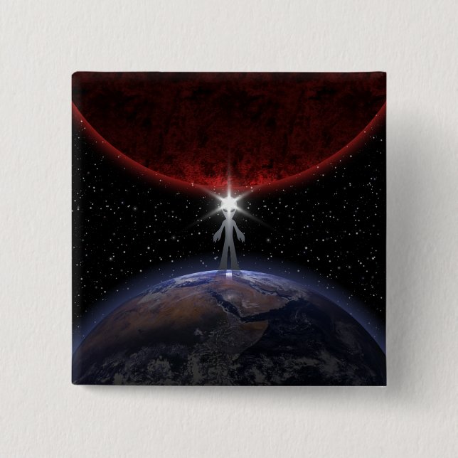 Bóton Quadrado 5.08cm Alienígena Entre Os Planetas (Frente)