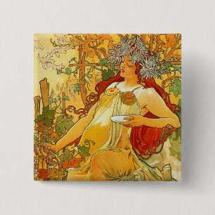 Bóton Quadrado 5.08cm Alphonse Mucha Art Nouveau Autumn