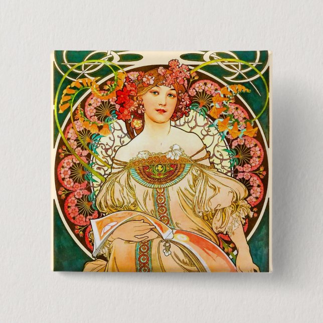 Bóton Quadrado 5.08cm Alphonse Mucha Art Nouveau Daydre (Frente)