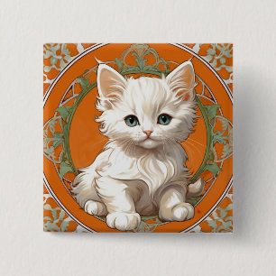 Bóton Quadrado 5.08cm Alphonse Mucha Art Nouveau White Kitten
