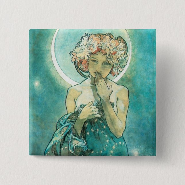 Bóton Quadrado 5.08cm Alphonse Mucha Moonlight Clair De Lune Art Nouveau (Frente)