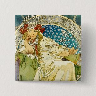 Bóton Quadrado 5.08cm Alphonse Mucha Princess Hyacinth Art Nouveau
