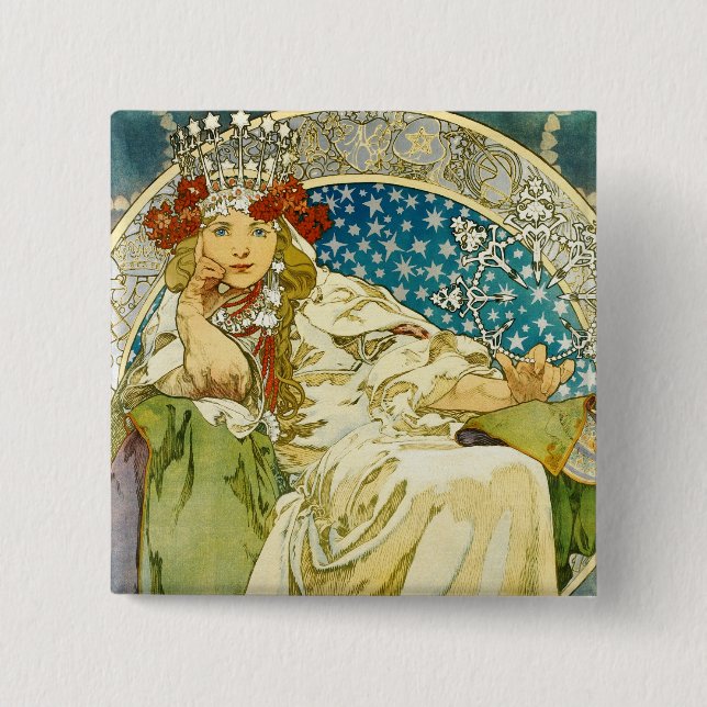 Bóton Quadrado 5.08cm Alphonse Mucha Princess Hyacinth Art Nouveau (Frente)