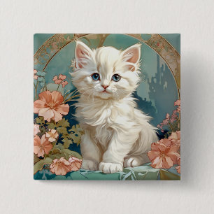 Bóton Quadrado 5.08cm Alphonse Mucha Style White Cat