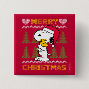 Bóton Quadrado 5.08cm Amendoins   Snoopy & Woodstock Santa Claus Hug