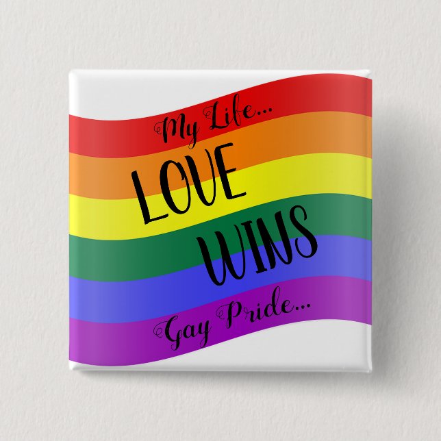 Bóton Quadrado 5.08cm Amor ganha arco-íris (Frente)
