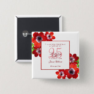 Bóton Quadrado 5.08cm Anêmonas Florais Vermelhas Românticas Aniversário