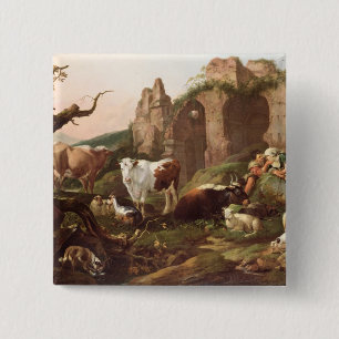 Bóton Quadrado 5.08cm Animais de fazenda em uma paisagem, 1685