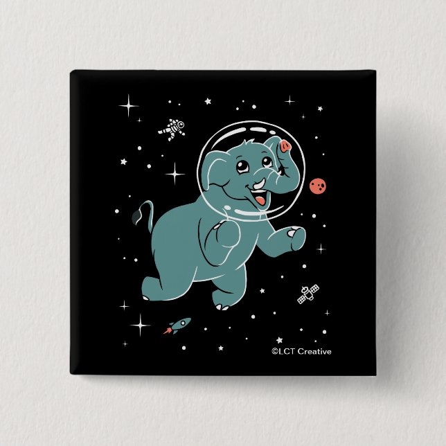 Bóton Quadrado 5.08cm Animais Elefantes No Espaço (Frente)