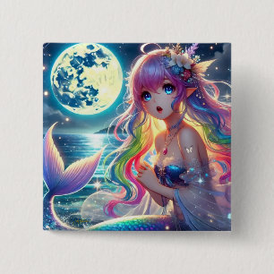 Bóton Quadrado 5.08cm Anime Girl Singing Moonlight Pixie Rainbow Mermaid
